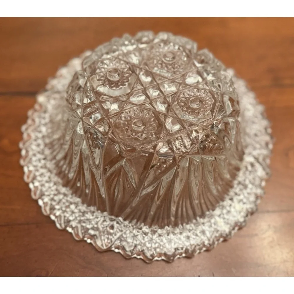 Vtg Clear Cut Crystal Bowl Ornate Sawtooth Rim Diamond Geometric Pressed Glass